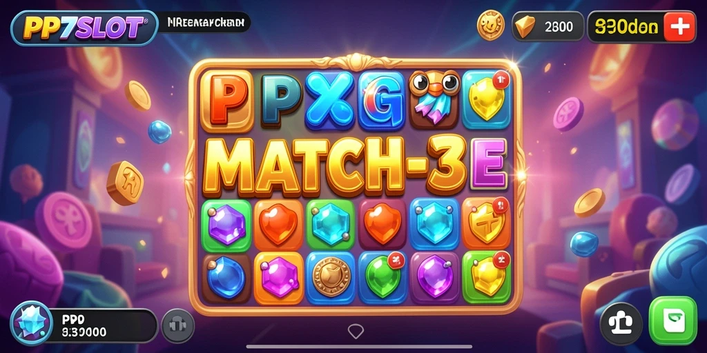 Tangkapan layar permainan PP7SLOT dengan elemen warna-warni Match-3.