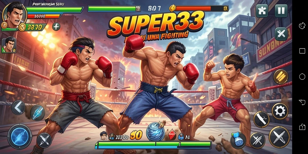 Tampilan seru gameplay pertarungan SUPER33 yang menegangkan.